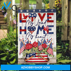 Red hydrangea, Small US flag, Cardinal drawing, Love my land - Family Flag