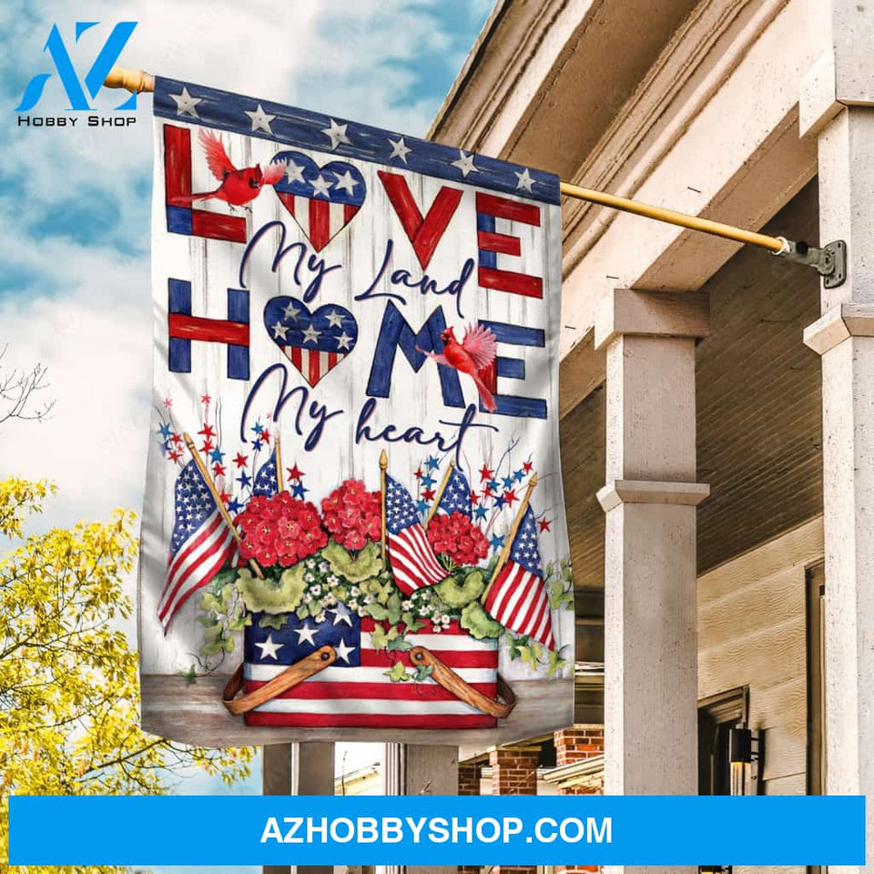 Red hydrangea, Small US flag, Cardinal drawing, Love my land - Family Flag