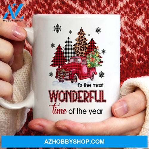 Red ladybug car, Checkered pattern, Christmas gift, It's the most wonderful time of the year - Jesus White Mug