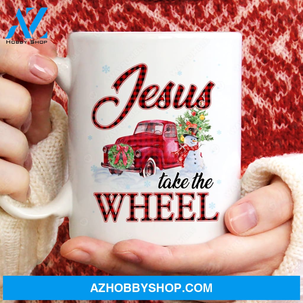 Red ladybug car, Happy snowman, Christmas tree, Jesus take the wheel - Jesus White Mug
