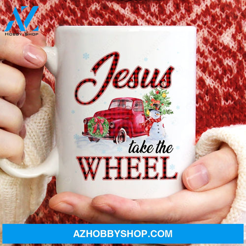 Red ladybug car, Happy snowman, Christmas tree, Jesus take the wheel - Jesus White Mug