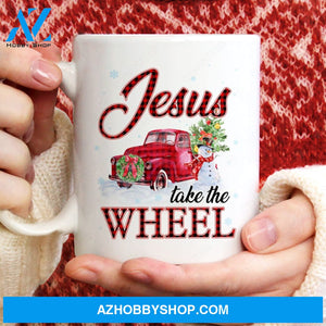 Red ladybug car, Happy snowman, Christmas tree, Jesus take the wheel - Jesus White Mug