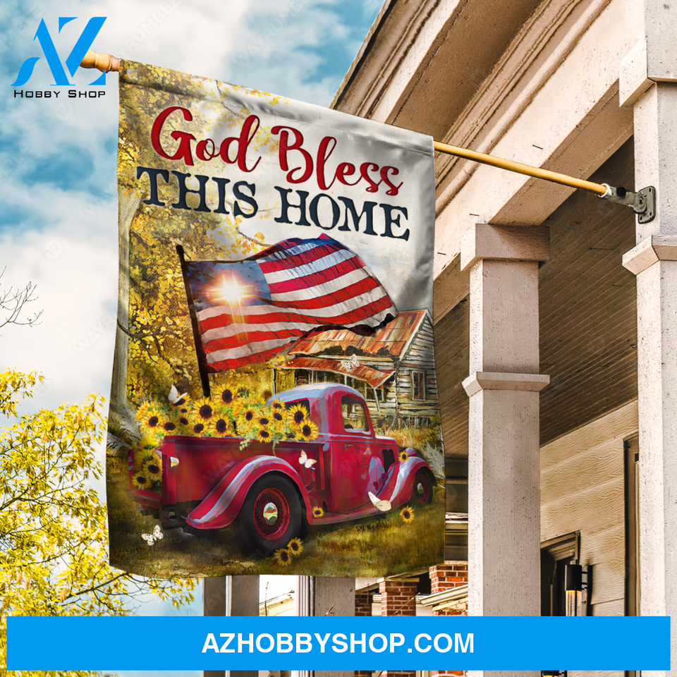 Red ladybug car, US flag, Sunflower painting, Cross, God bless this home - Jesus Flag