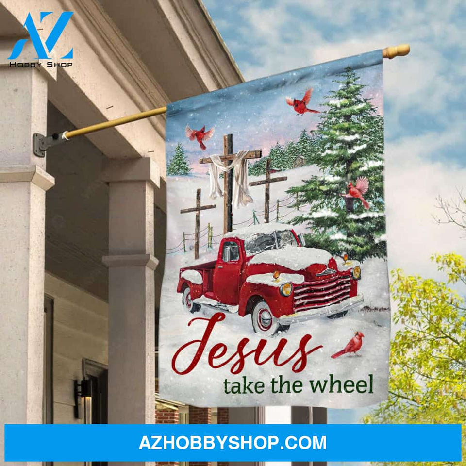 Red old car, Cardial drawing, Beautiful snow valley, Three crosses, Jesus take the wheel - Jesus Flag