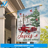 Red old car, Cardial drawing, Beautiful snow valley, Three crosses, Jesus take the wheel - Jesus Flag