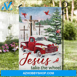 Red old car, Cardial drawing, Beautiful snow valley, Three crosses, Jesus take the wheel - Jesus Flag