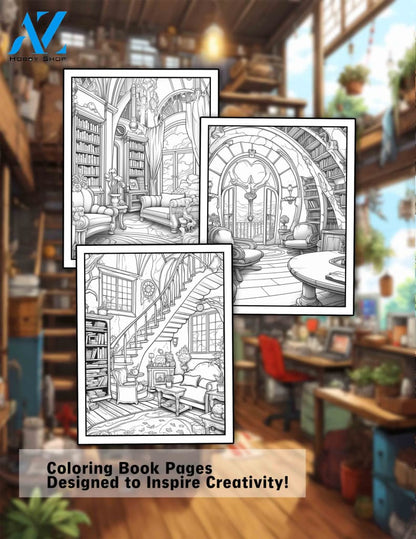 Relaxing Ghibli Interiors 30 Pages Printable Coloring Book