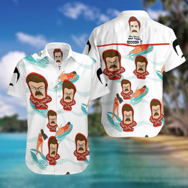 Ron Swanson ,Ron Swanson Summer Fan Gift Hawaiian Graphic Print Short Sleeve 