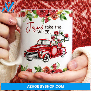 Rose flower, Red truck painting, Jesus take the wheel - Jesus White Mug