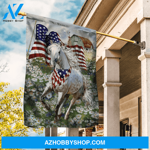 Running horse, Beautiful daisy field, US flag, Vintage house - Jesus Flag