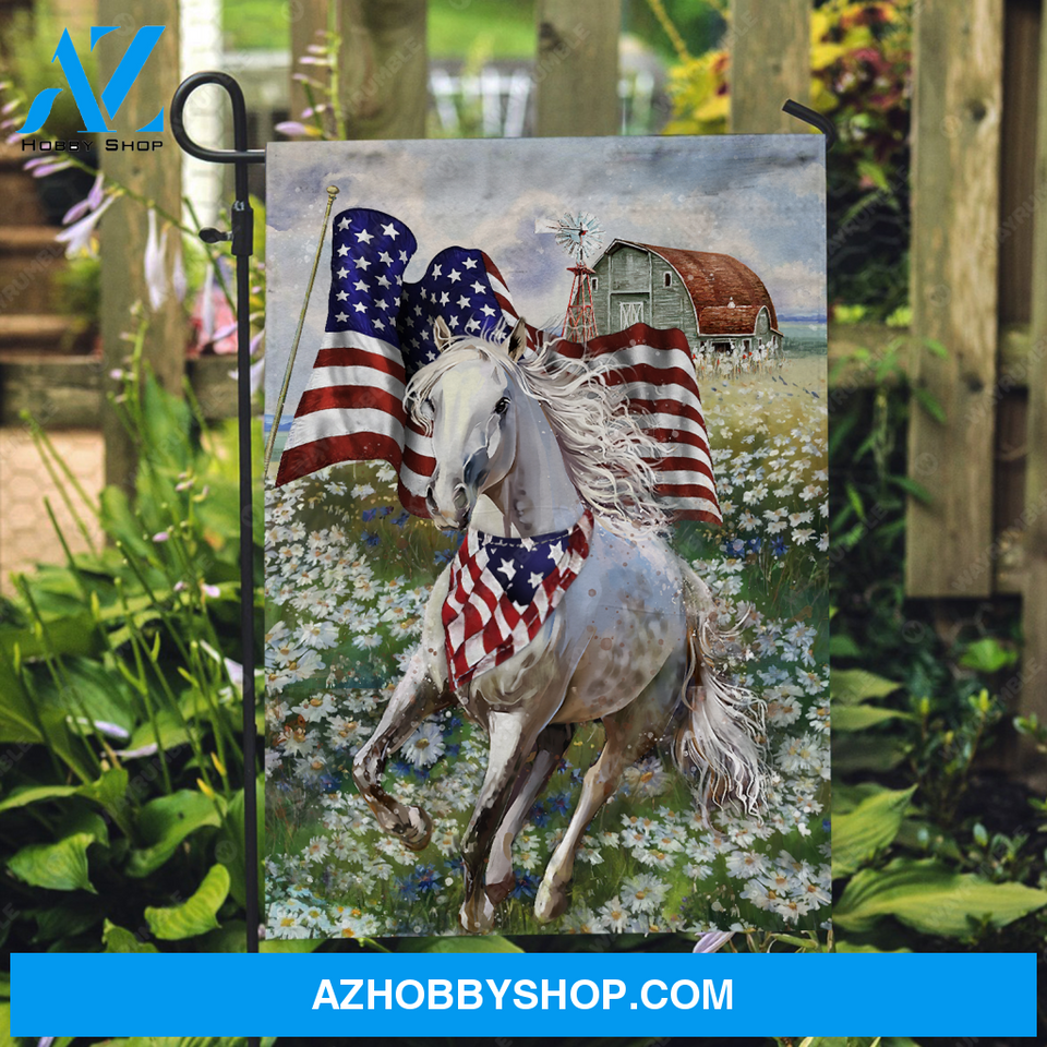 Running horse, Beautiful daisy field, US flag, Vintage house - Jesus Flag