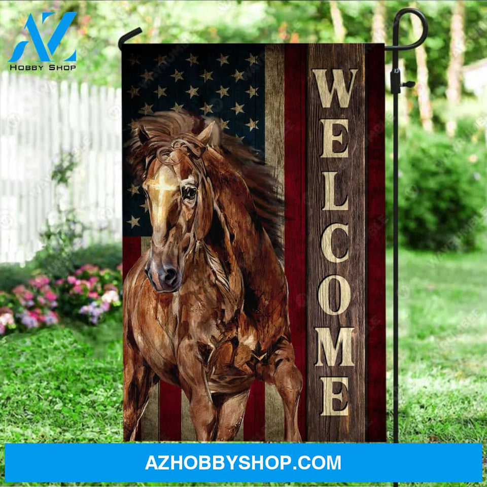 Running horse, Cross painting, US flag, Welcome - Jesus Flag