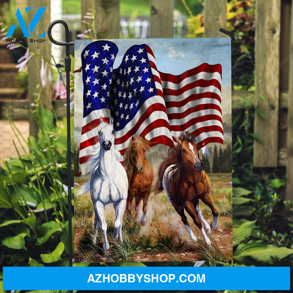 Running horse painting, Meadow land, US flag - Jesus Flag