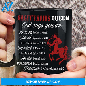 Sagittarius Queen, God says you are unique - Jesus, Zodiac Signs Black Mug