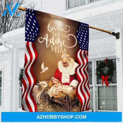 Santa Claus painting, Jesus was born, O come let us adore him - Jesus Flag