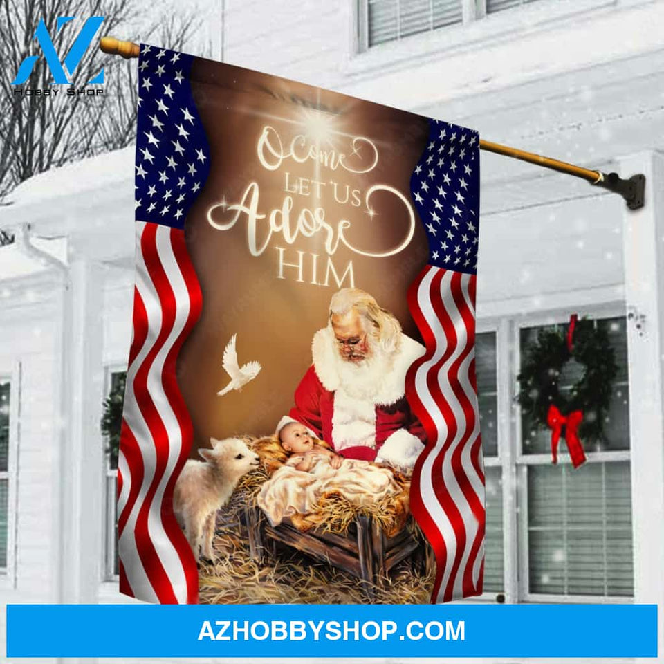 Santa Claus painting, Jesus was born, O come let us adore him - Jesus Flag