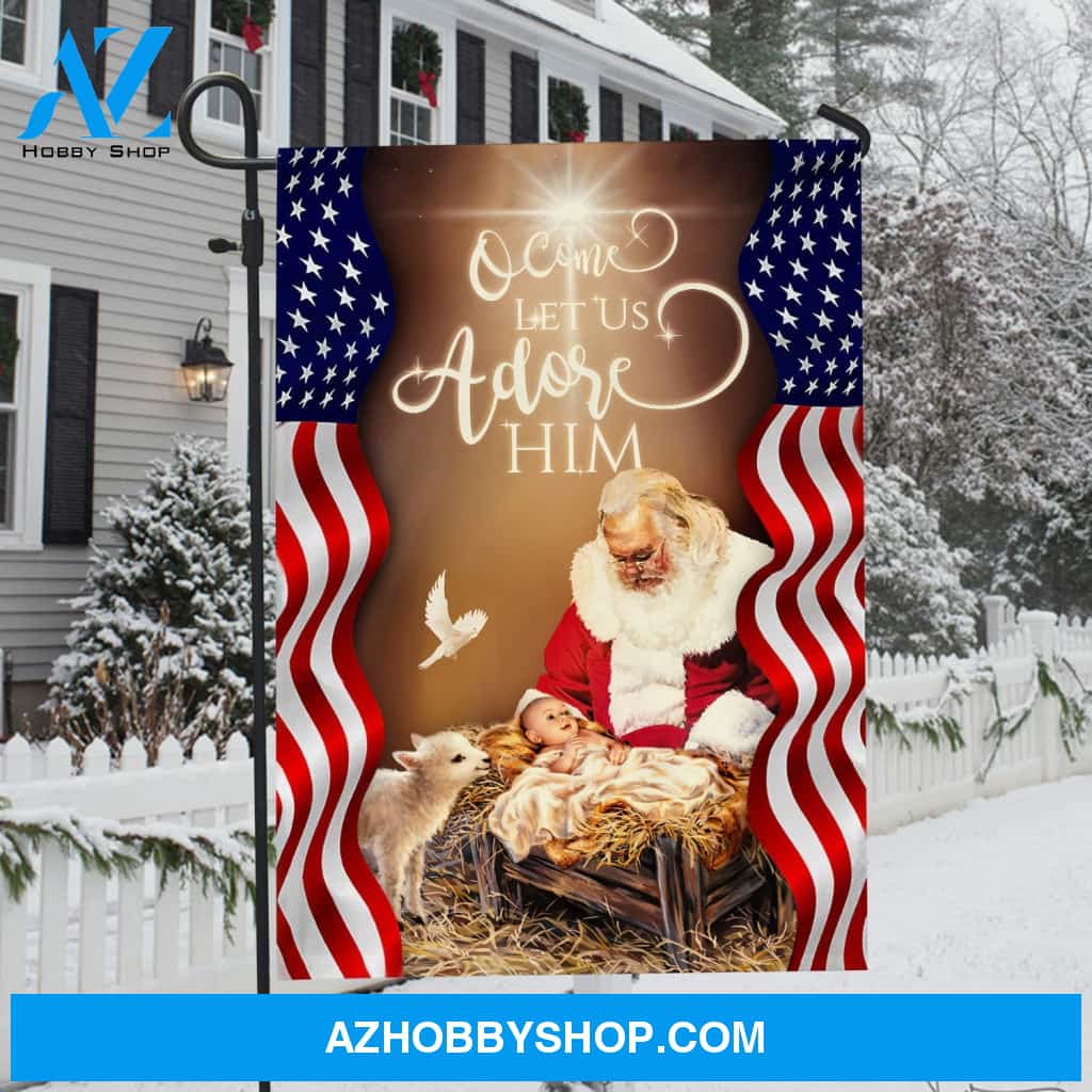 Santa Claus painting, Jesus was born, O come let us adore him - Jesus Flag