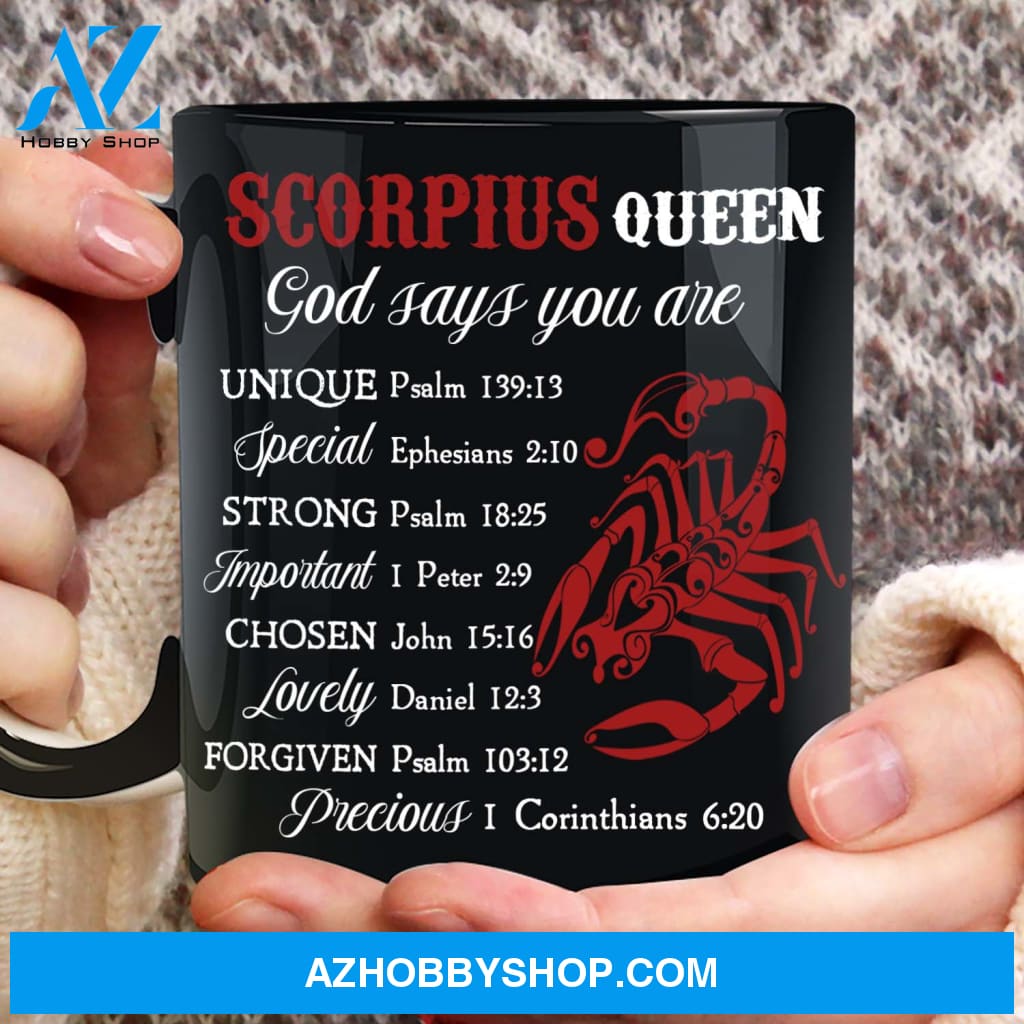 Scorpius Queen, God says you are unique - Jesus, Zodiac Signs Black Mug