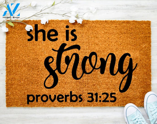 She is Strong proverb Doormat Drink Beer Doormat Family Doormat Porch Decor Housewarming Doormat Coir doormat