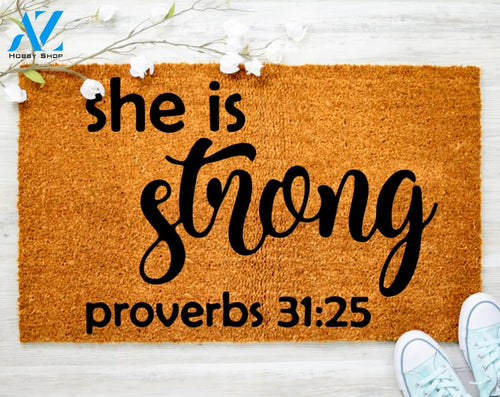 She is Strong proverb Doormat Drink Beer Doormat Family Doormat Porch Decor Housewarming Doormat Coir doormat