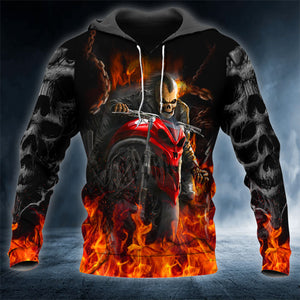 Flaming Motorcycle Skull Rider 3D All Over Printed Unisex Hoodie US Size