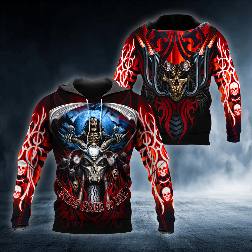 Ride Free Biker Skull 3D All Over Printed Unisex Hoodie US Size