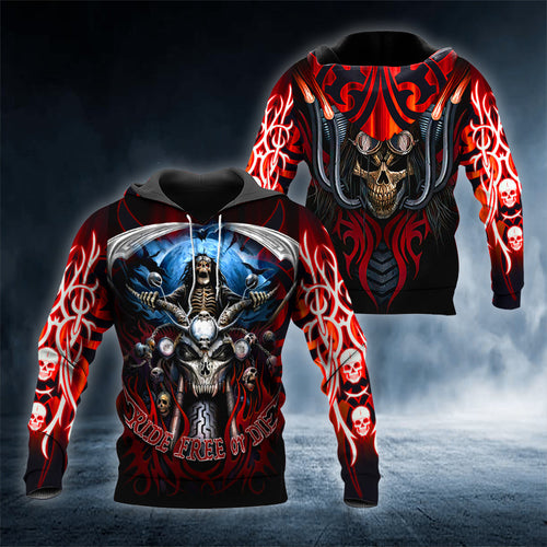 Ride Free Biker Skull 3D All Over Printed Unisex Hoodie US Size