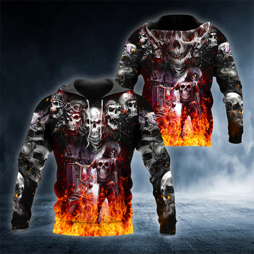 Five Ghost Riders Fire Biker Skull 3D All Over Printed Unisex Hoodie US Size