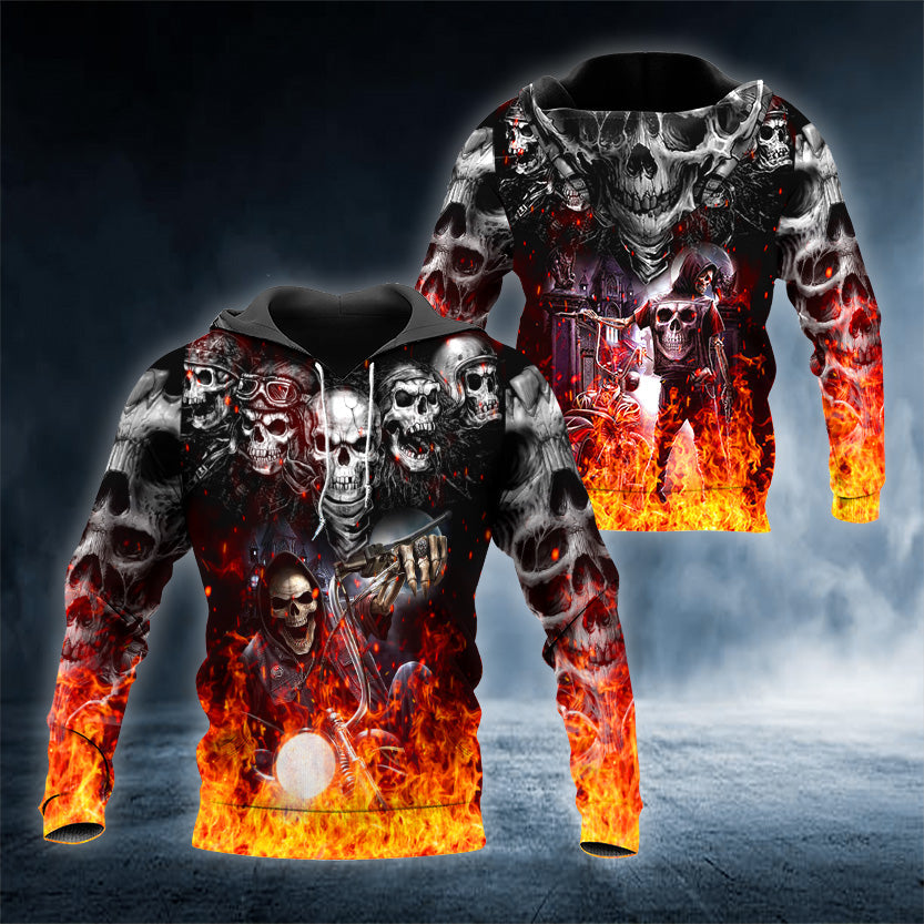 Five Ghost Bikers Fire Skull 3D All Over Printed Unisex Hoodie US Size