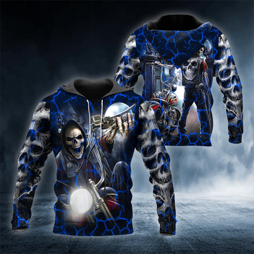 Blue Ghost Rider Biker Skull 3D All Over Printed Unisex Hoodie US Size