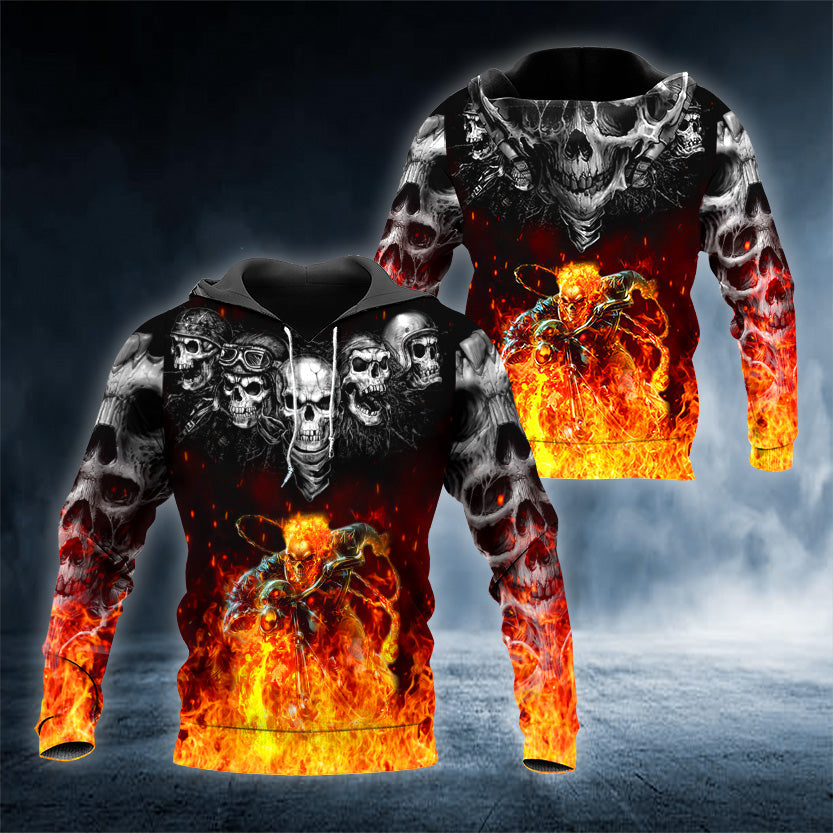 Mad Rider Fire Biker Skull 3D All Over Printed Unisex Hoodie US Size