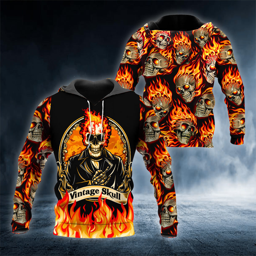 Vintage Gentleman Fire Skull 3D All Over Printed Unisex Hoodie US Size