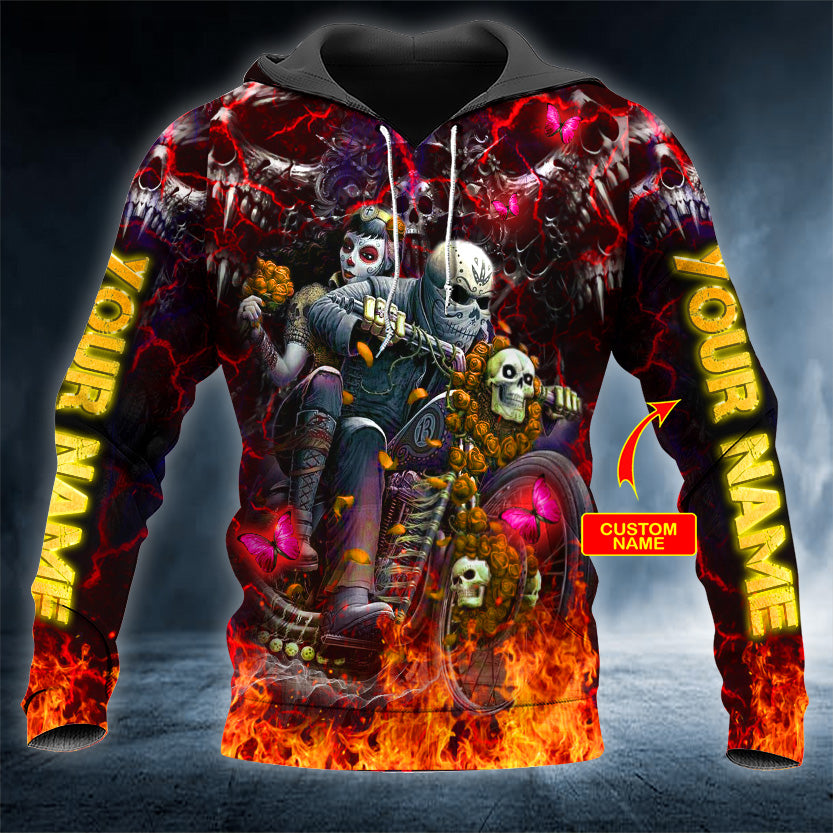 Racer Rider Biker Couple Love Skull Personalized 3D All Over Printed Unisex Hoodie US Size