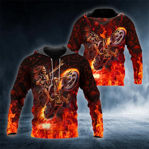 Fire Biker Man Skull 3D All Over Printed US Unisex Size Hoodie