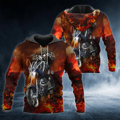 Fire Biker Hunter Man Skull 3D All Over Printed US Unisex Size Hoodie