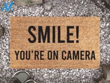 Smile! You're On Camera - Joke Welcome Mat - Housewarming Decor Gift - Funny Saying Rug - Quote Doormat