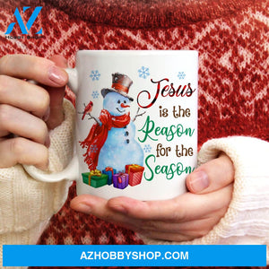 Snowman drawing, Cardinal bird, Christmas gift, Jesus is the reason for the season - Jesus, Christmas White Mug