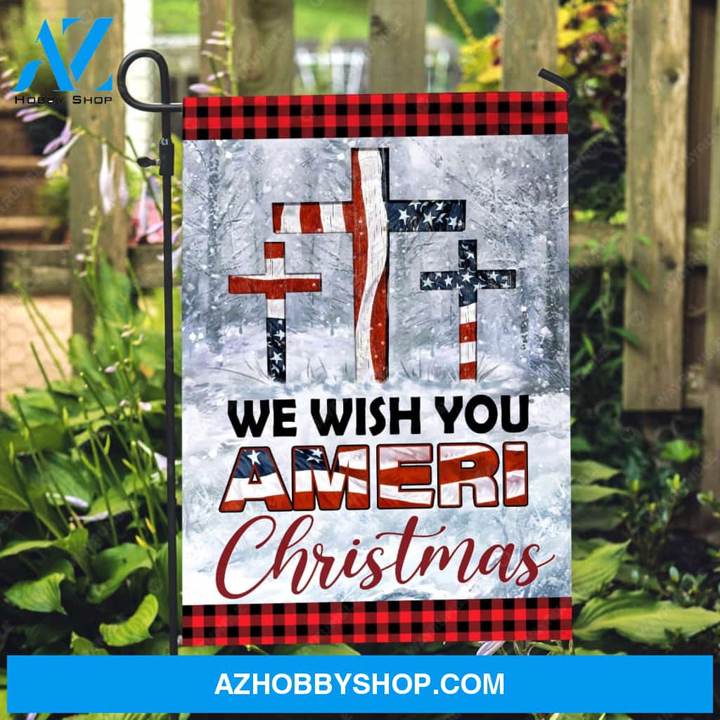 Snowy forest, American flag, Christmas decoration, We wish you Ameri Christmas - Jesus Flag