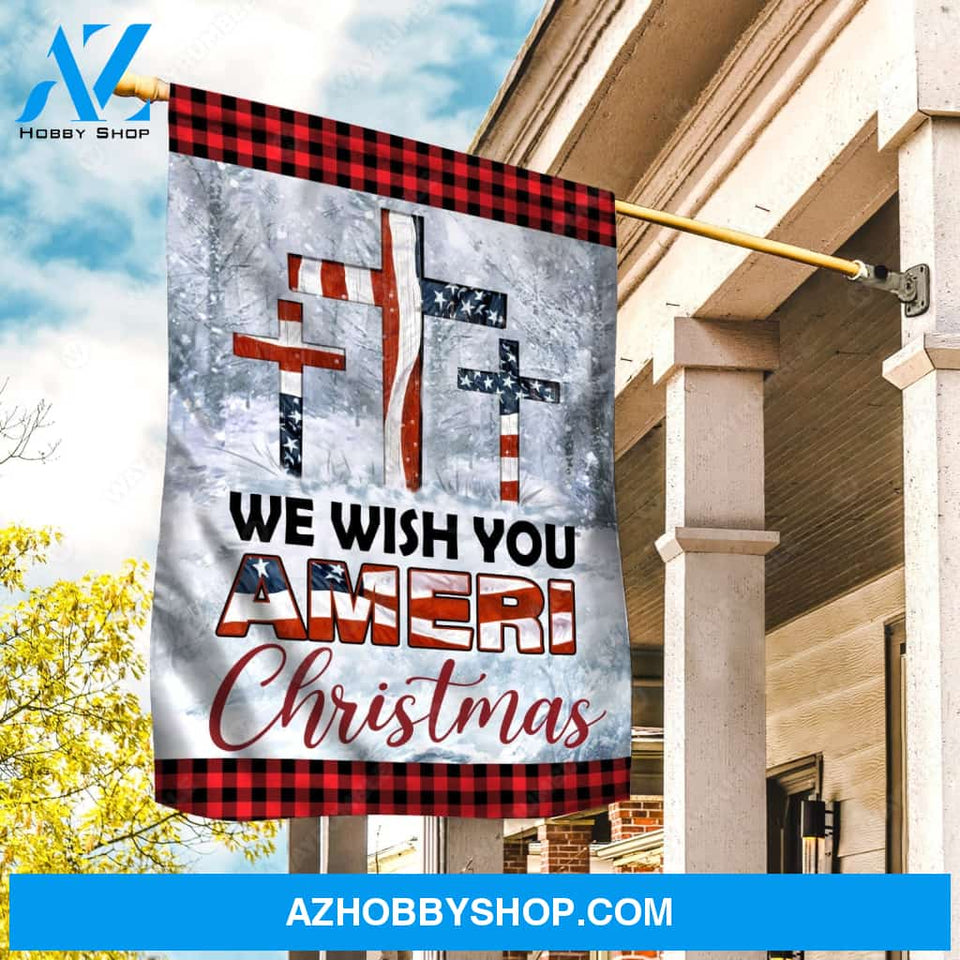 Snowy forest, American flag, Christmas decoration, We wish you Ameri Christmas - Jesus Flag