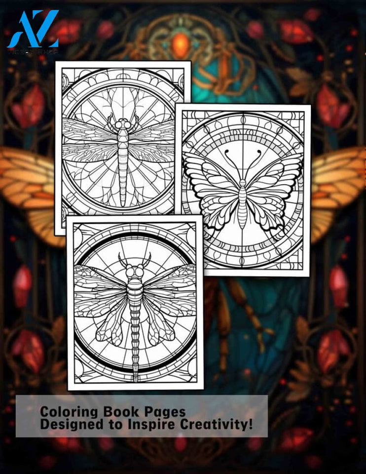 Stained Glass Insects 30 Pages Printable Coloring Book