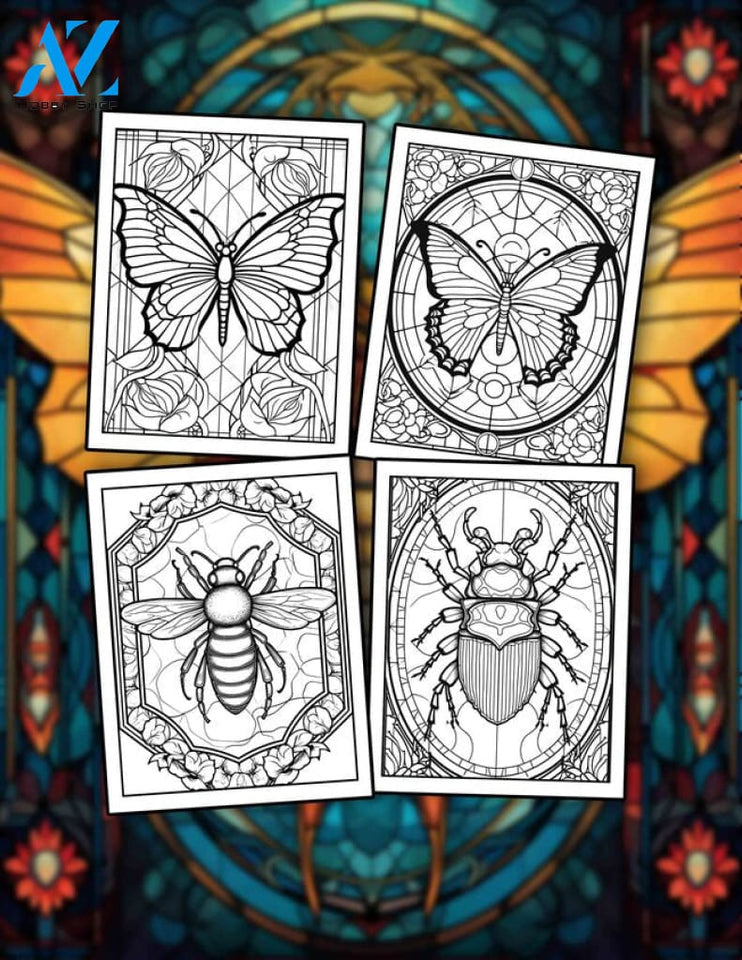 Stained Glass Insects 30 Pages Printable Coloring Book