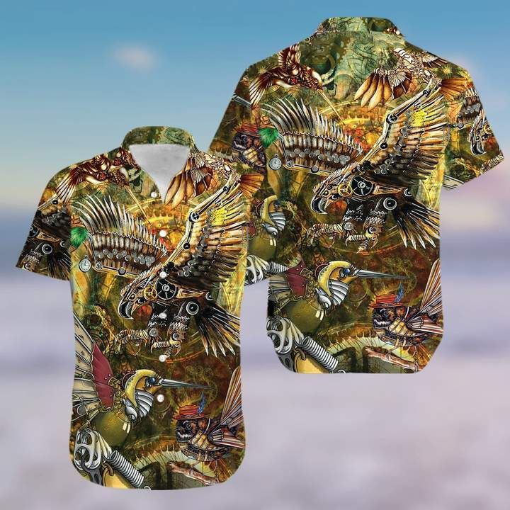 Steampunk Birds Aloha Hawaiian Graphic Print Short Sleeve Hawaiian Shirt