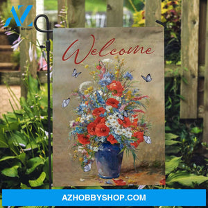 Still life painting, Pretty flower vase, Blue butterfly, Welcome - Jesus Flag