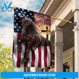 Stunning brown horse, Colorful sunset, US flag, Be still and know that I am God - Jesus Flag