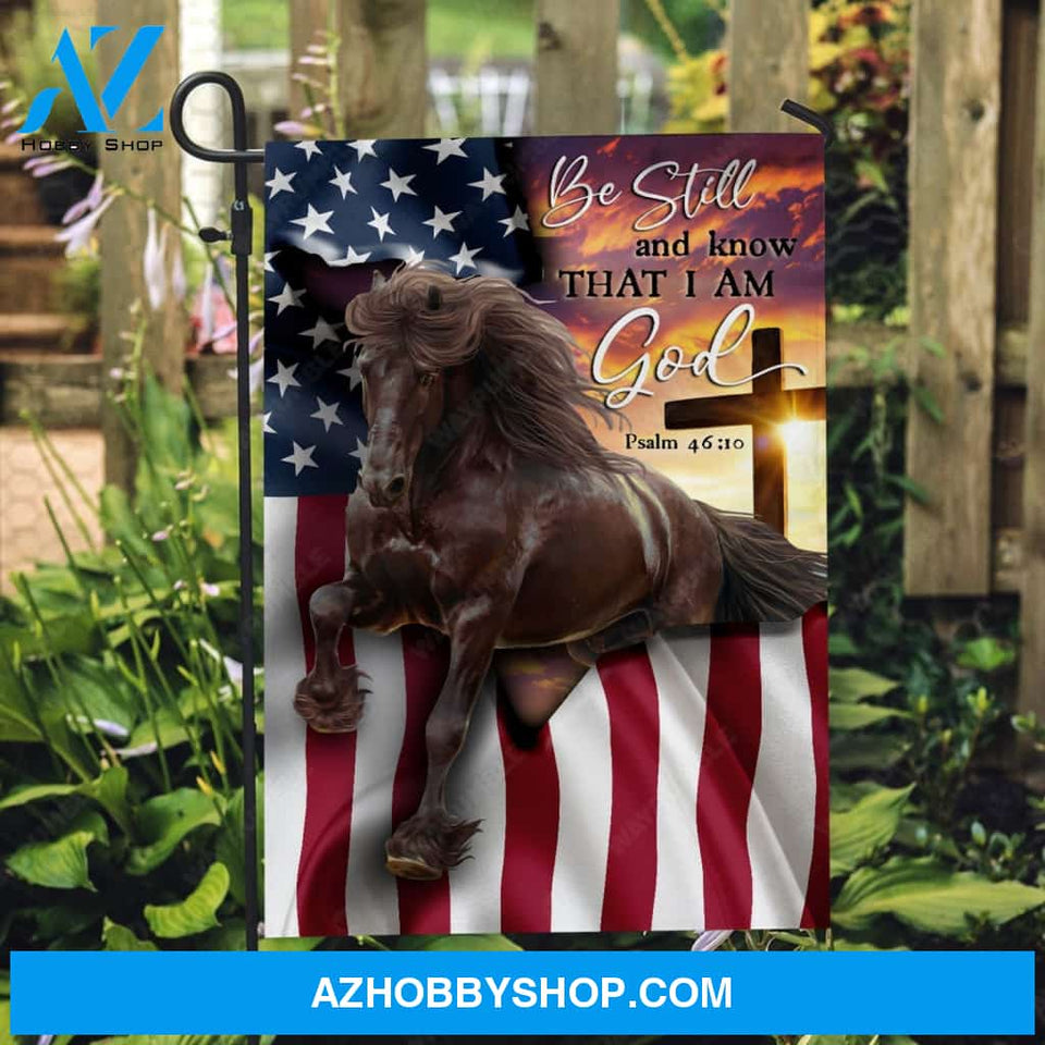 Stunning brown horse, Colorful sunset, US flag, Be still and know that I am God - Jesus Flag