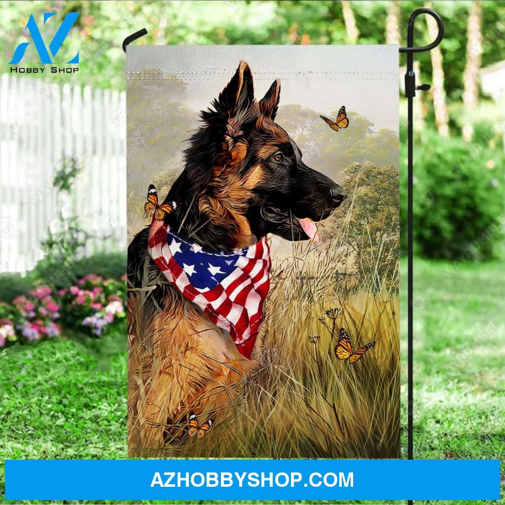 Stunning German shepherd, US flag symbol, Rice field, Butterfly - German Shepherd Flag