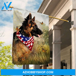 Stunning German shepherd, US flag symbol, Rice field, Butterfly - German Shepherd Flag