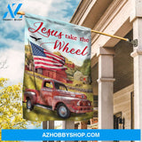 Stunning ladybug car, Pretty US flag, Green meadow land, Jesus take the wheel - Jesus Flag