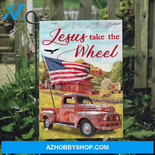 Stunning ladybug car, Pretty US flag, Green meadow land, Jesus take the wheel - Jesus Flag