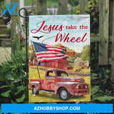 Stunning ladybug car, Pretty US flag, Green meadow land, Jesus take the wheel - Jesus Flag